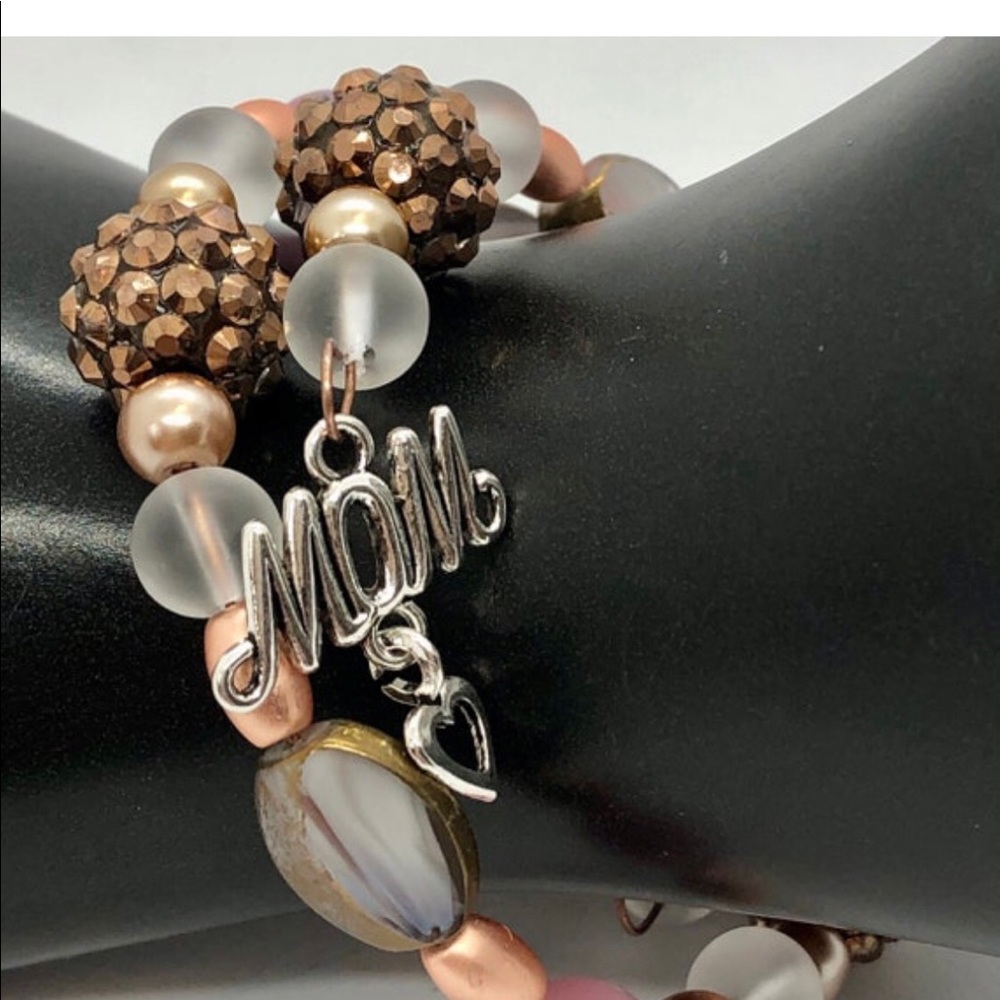 MOM bracelet-hematite and silver with mermaid glass-brown glitter balls